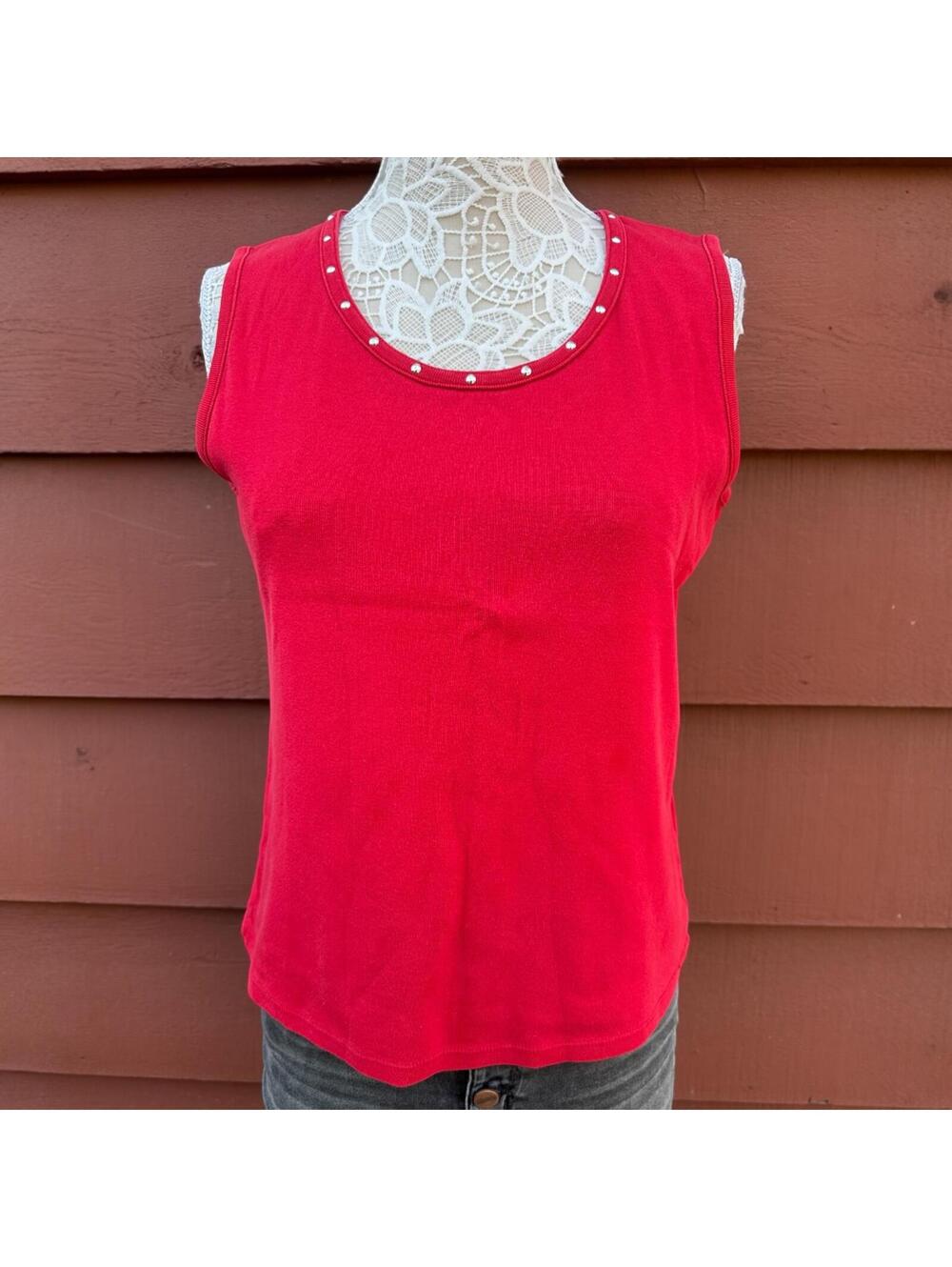 Rafaella Cherry Red Studded Neckline Sleeveless Top